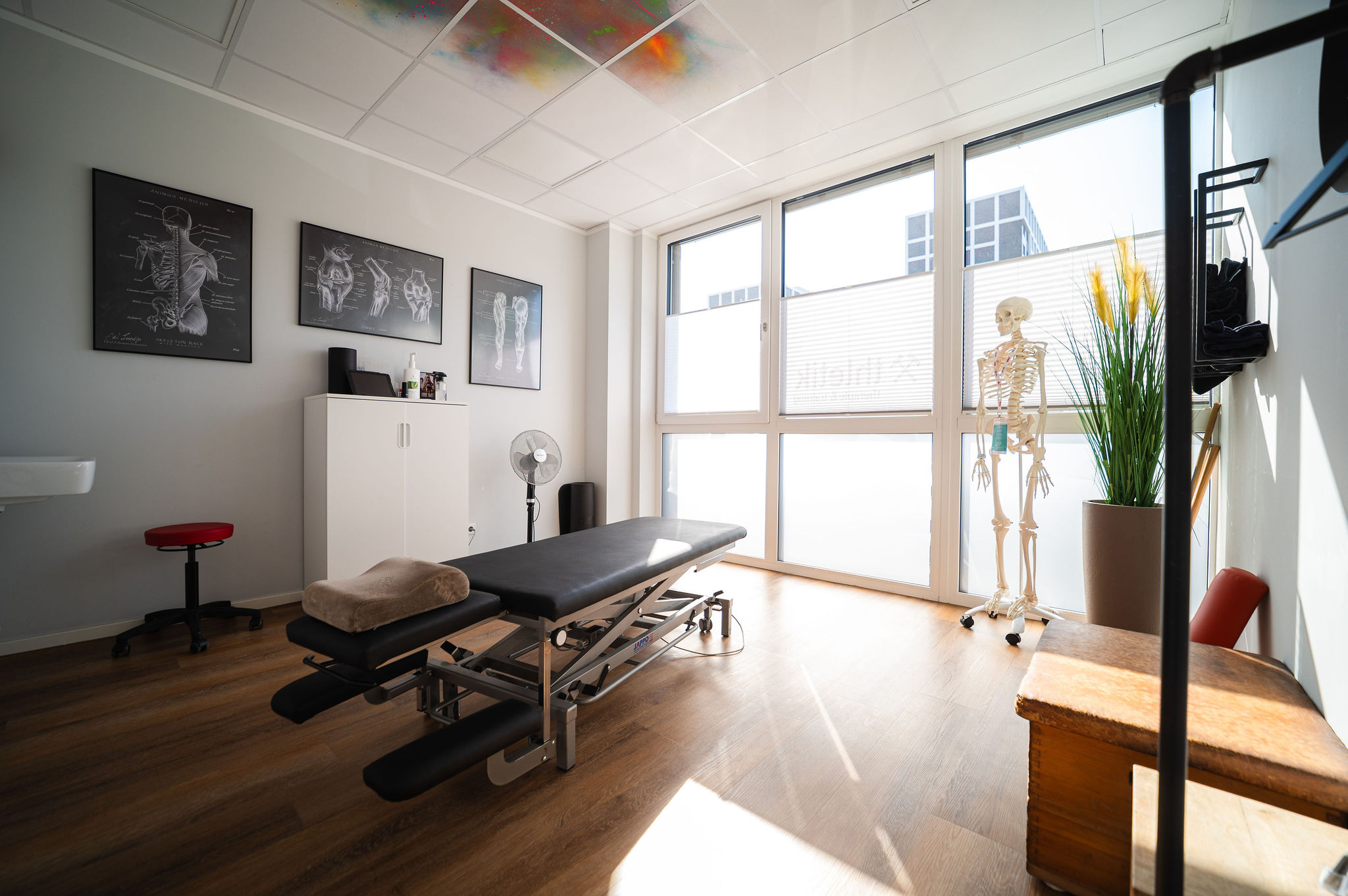 Behandlungsraum bei x-thletik in Bochum mit Therapieliege und Skelettmodell für die Durchführung des Functional Movement Screen.