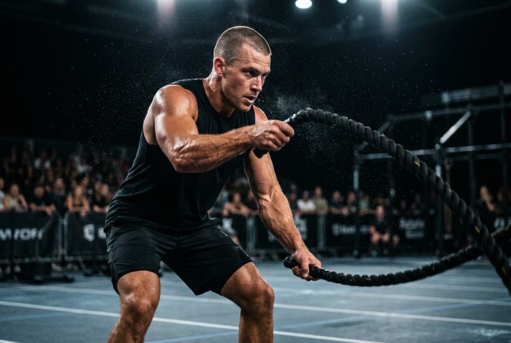Ein athletischer junger Mann beim Rope Training für Hyrox