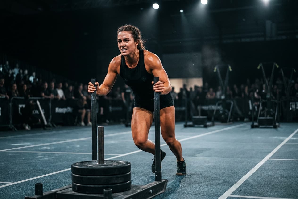 Eine Hyrox-Athletin beim Sled Push