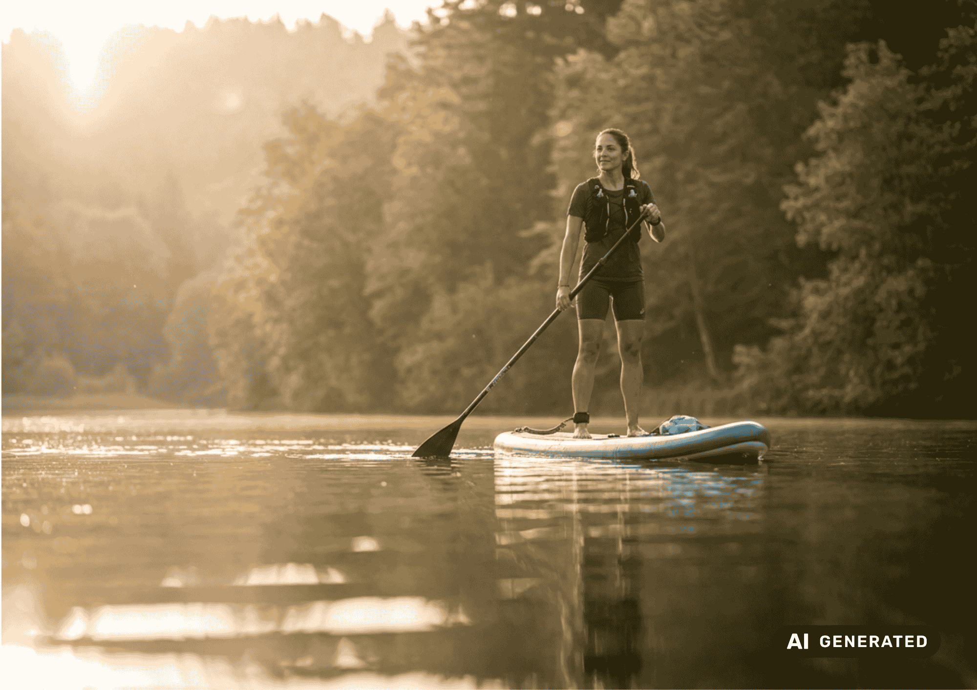 AI-generiertes Bild einer Sportlerin auf einem SUP.